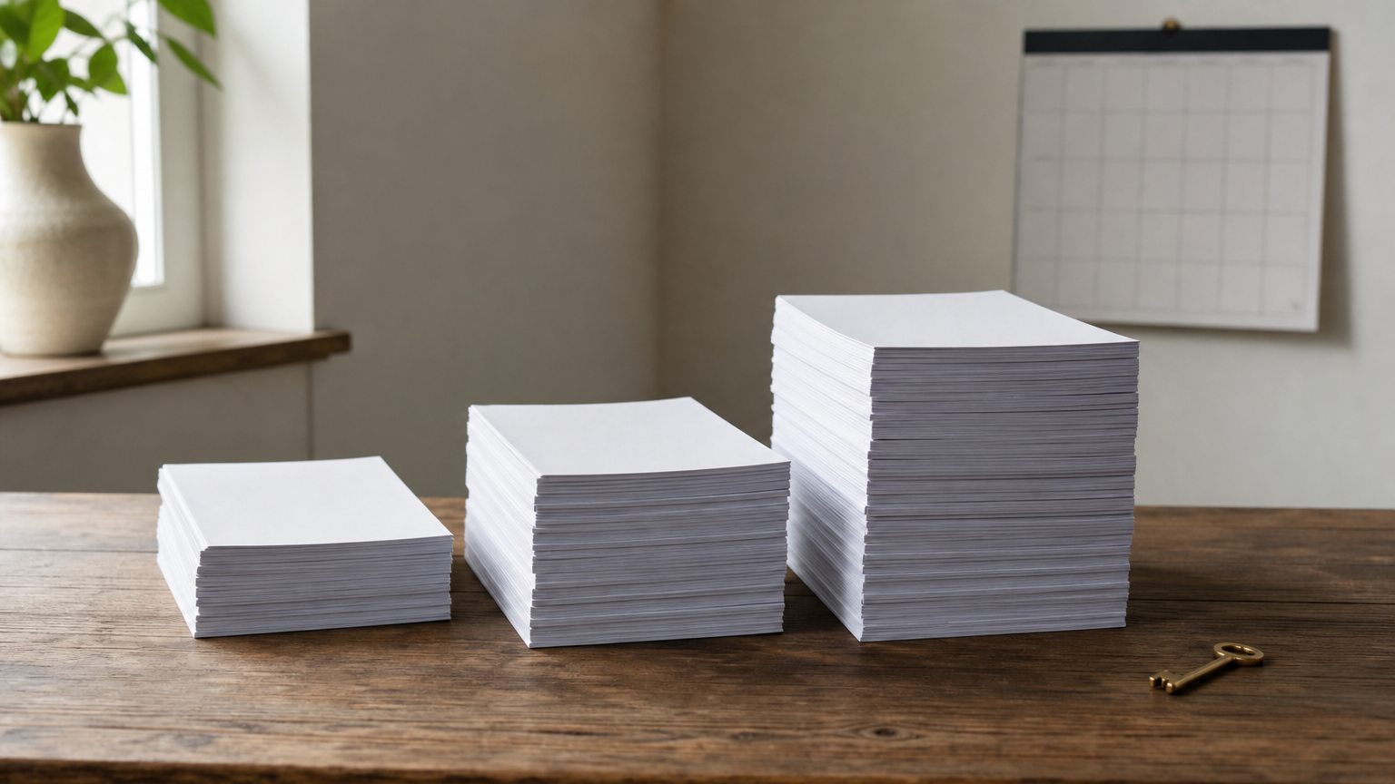 Three ascending stacks of printed reports on a desk beside a wall calendar and a brass key.