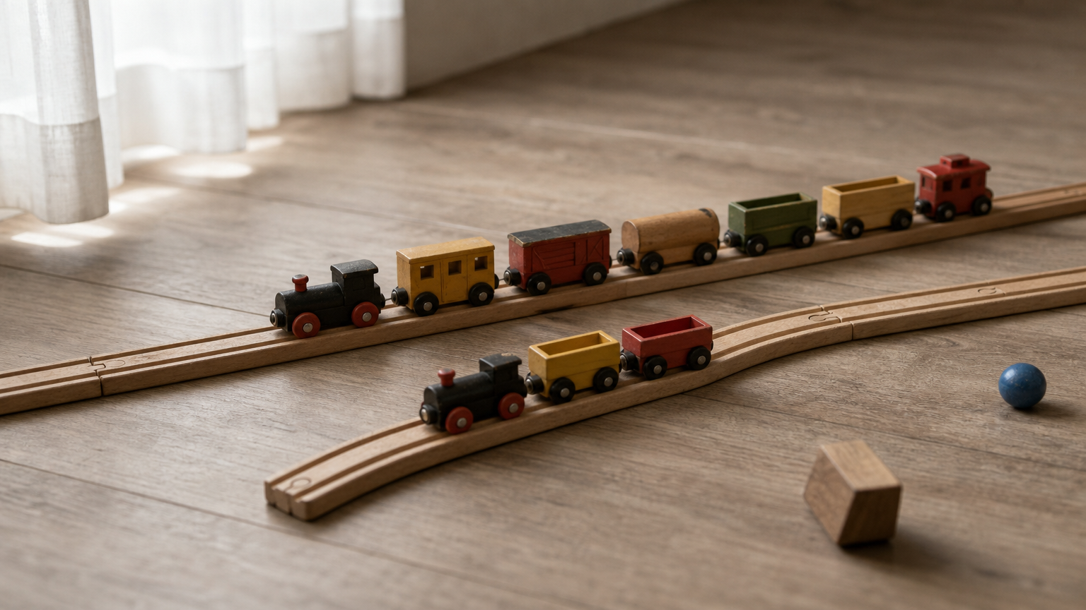 Two parallel rows of toy train cars that start together and gradually separate, with one row running farther.