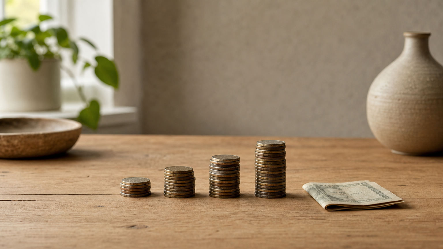 Four coin stacks increasing in height in a row, with one folded banknote beside the tallest stack.