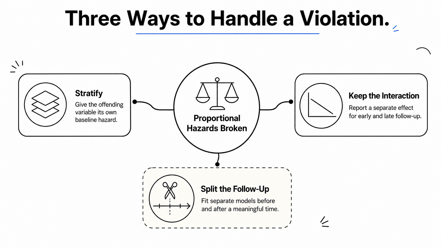 Hub diagram with a central idea of broken proportional hazards and three branches listing fixes.