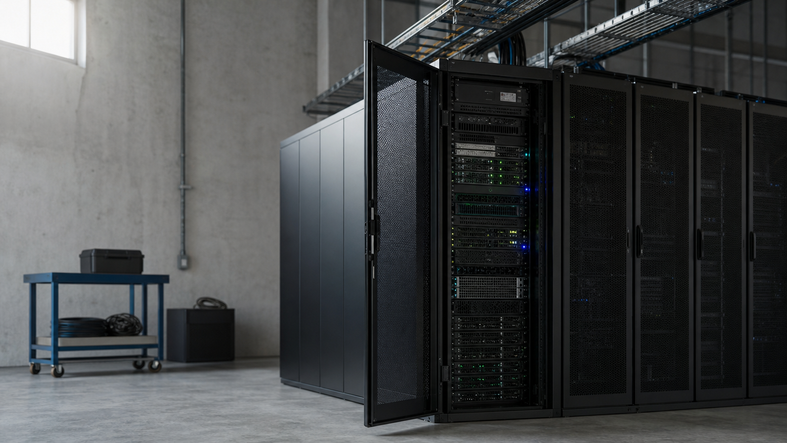 A row of black server racks in a data hall, with one rack door open revealing server units.