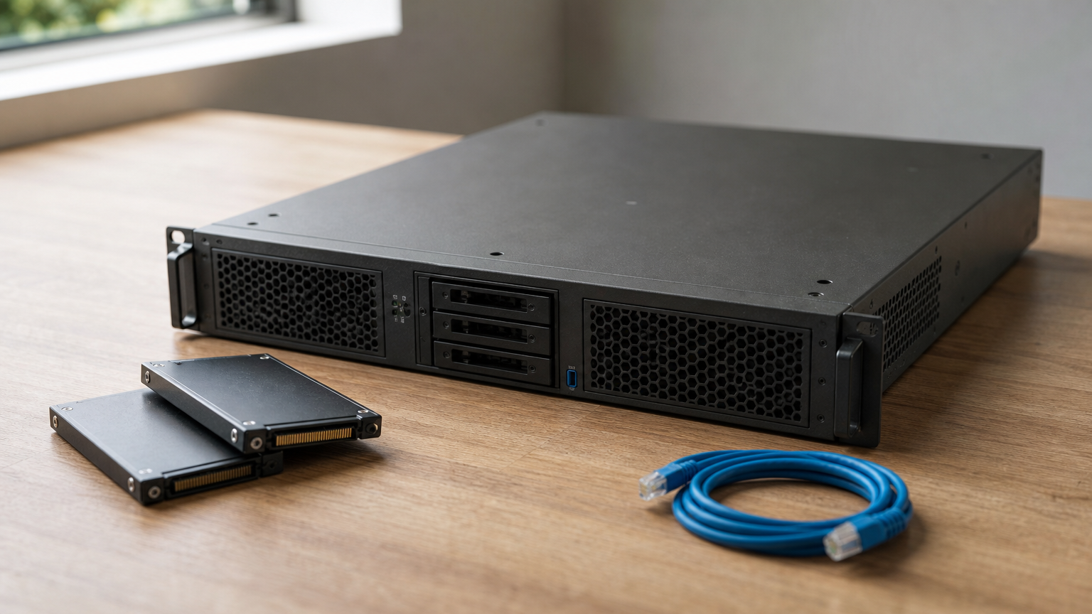 A small rack-mount server chassis on a desk with two slim solid-state drives beside it.