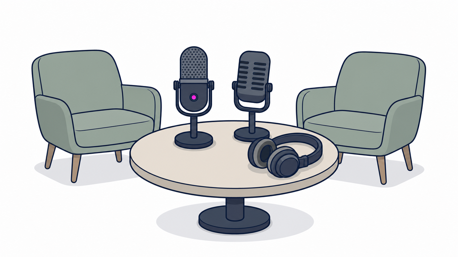 Two microphones and a pair of headphones sit on a table, set up for an interview.