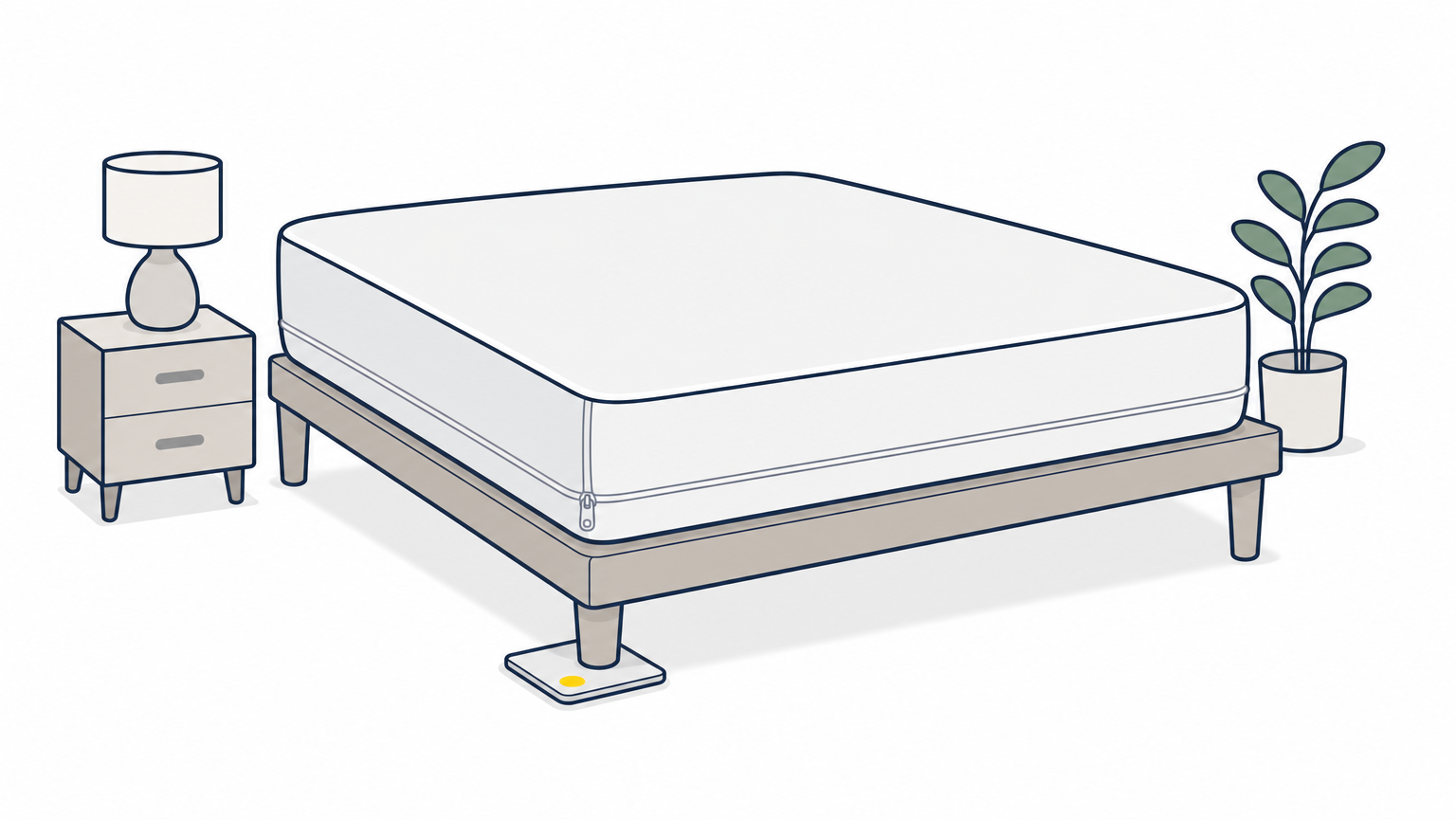 A zipped mattress encasement beside a flat monitor placed under a bed leg.