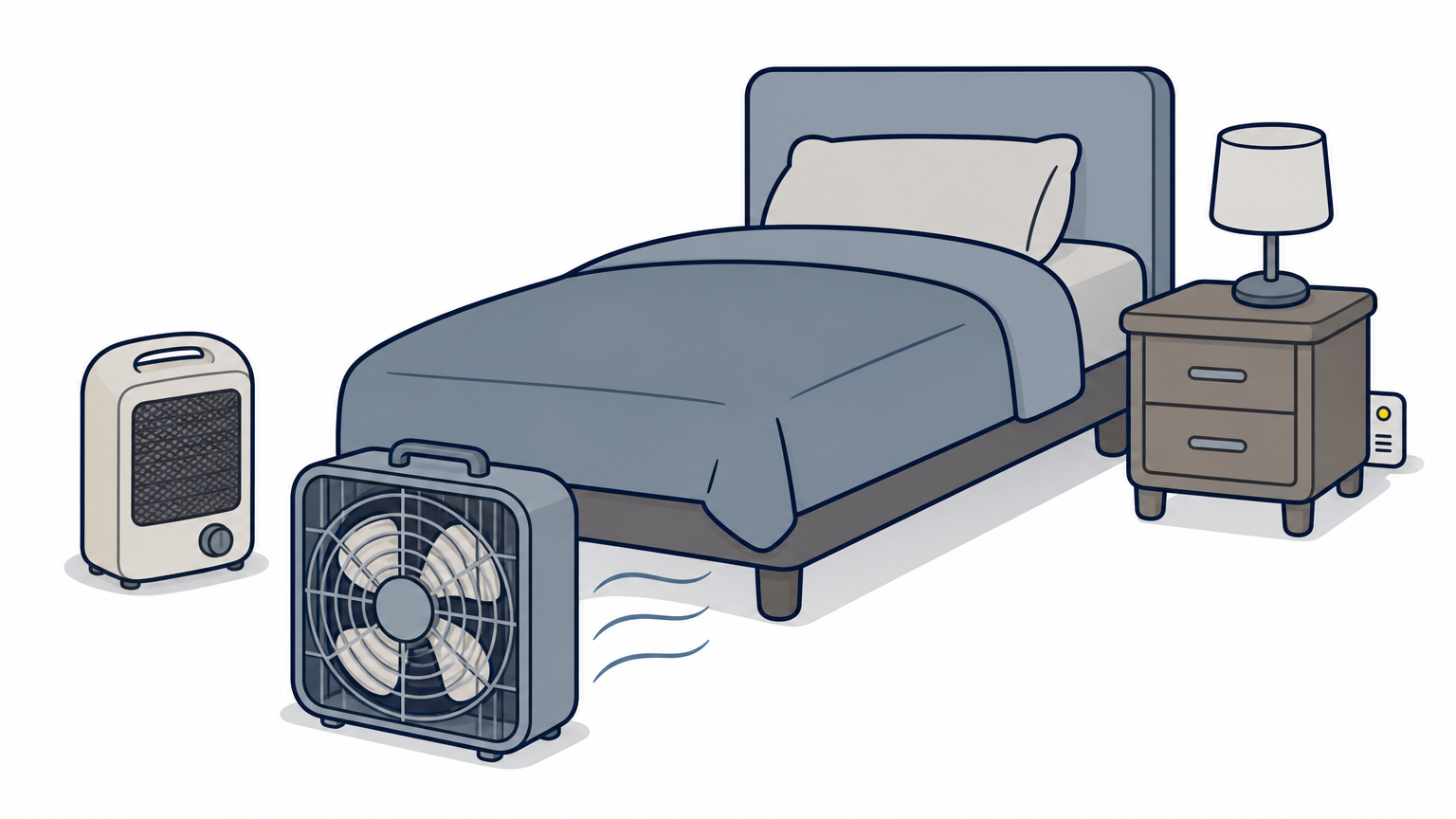 A portable heater and box fan aimed at a bed, with a sensor behind a nightstand.