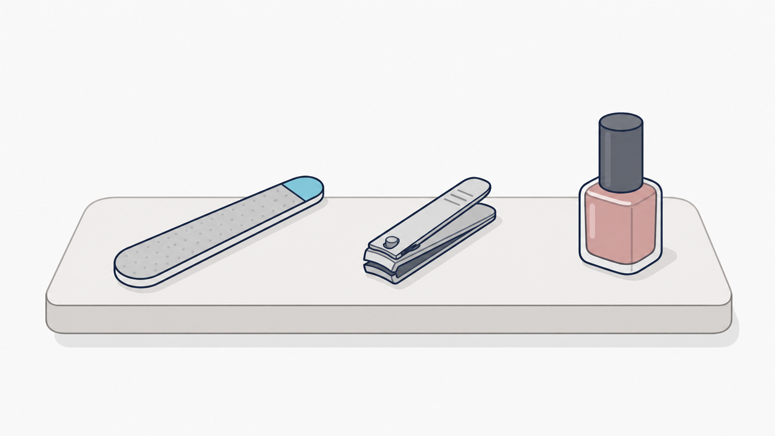 A nail file, clippers and a closed bottle of polish sit separately on a bathroom shelf.