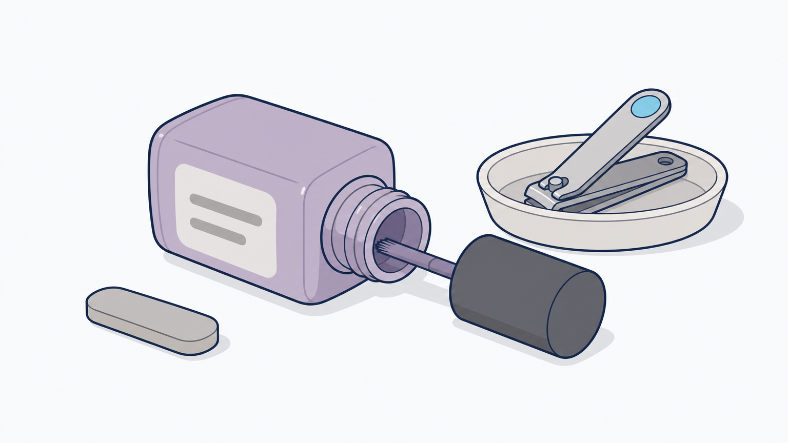 A polish bottle lies on its side with its brush out, beside clippers in a small dish.