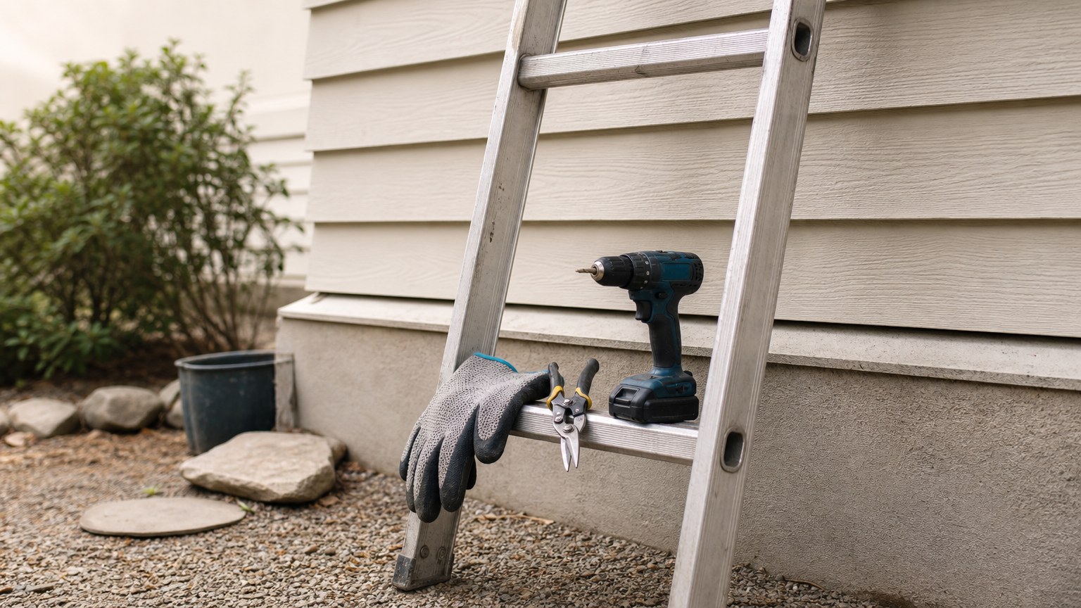 A ladder leaning on a house wall with gloves, snips, and a drill ready beside it.