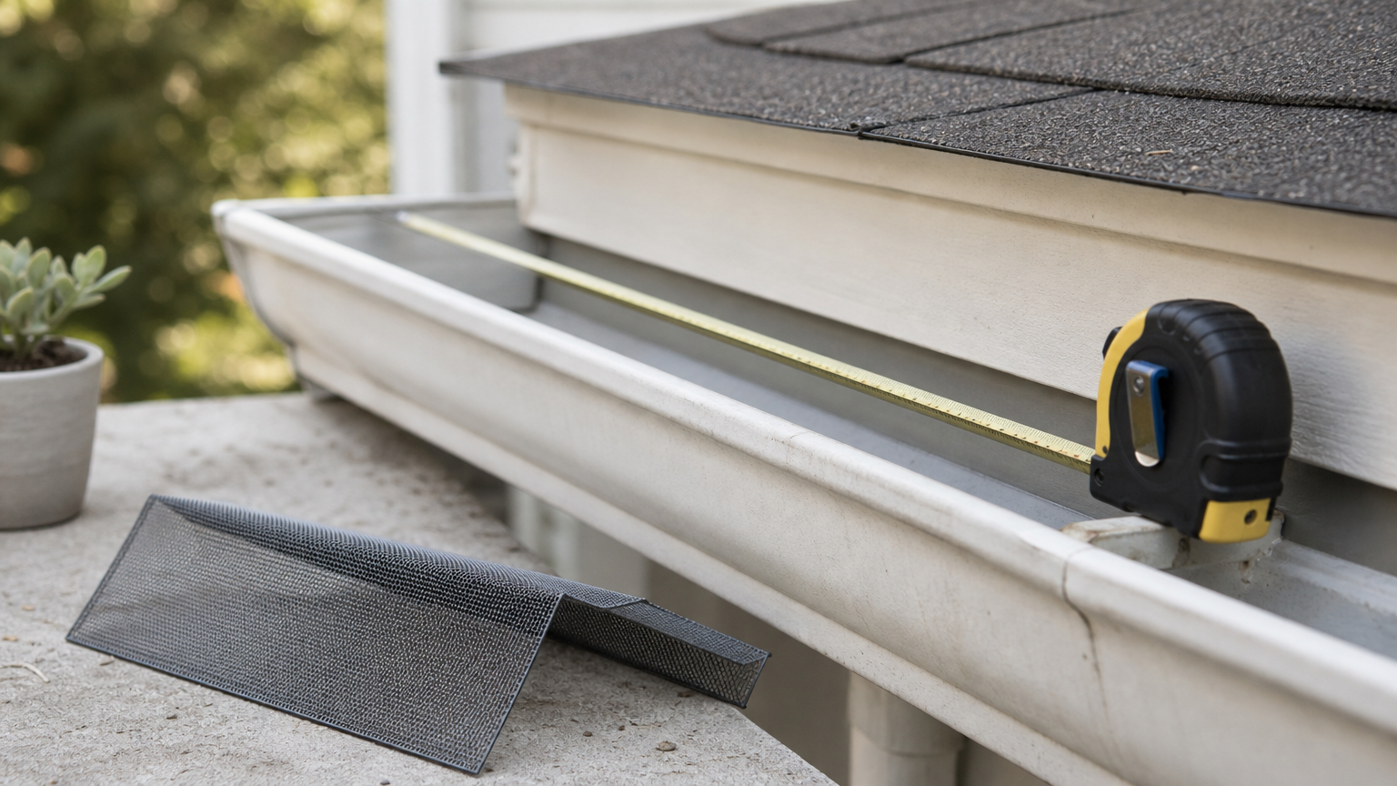 A tape measure runs from a gutter's front lip back to the fascia board.