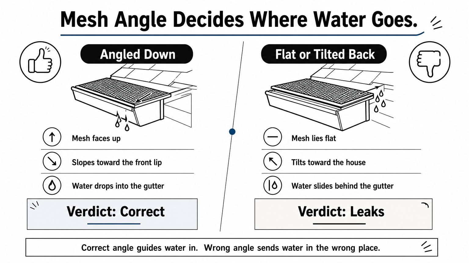 Comparison of a mesh panel angled down to the gutter versus one sitting flat or tilted back.