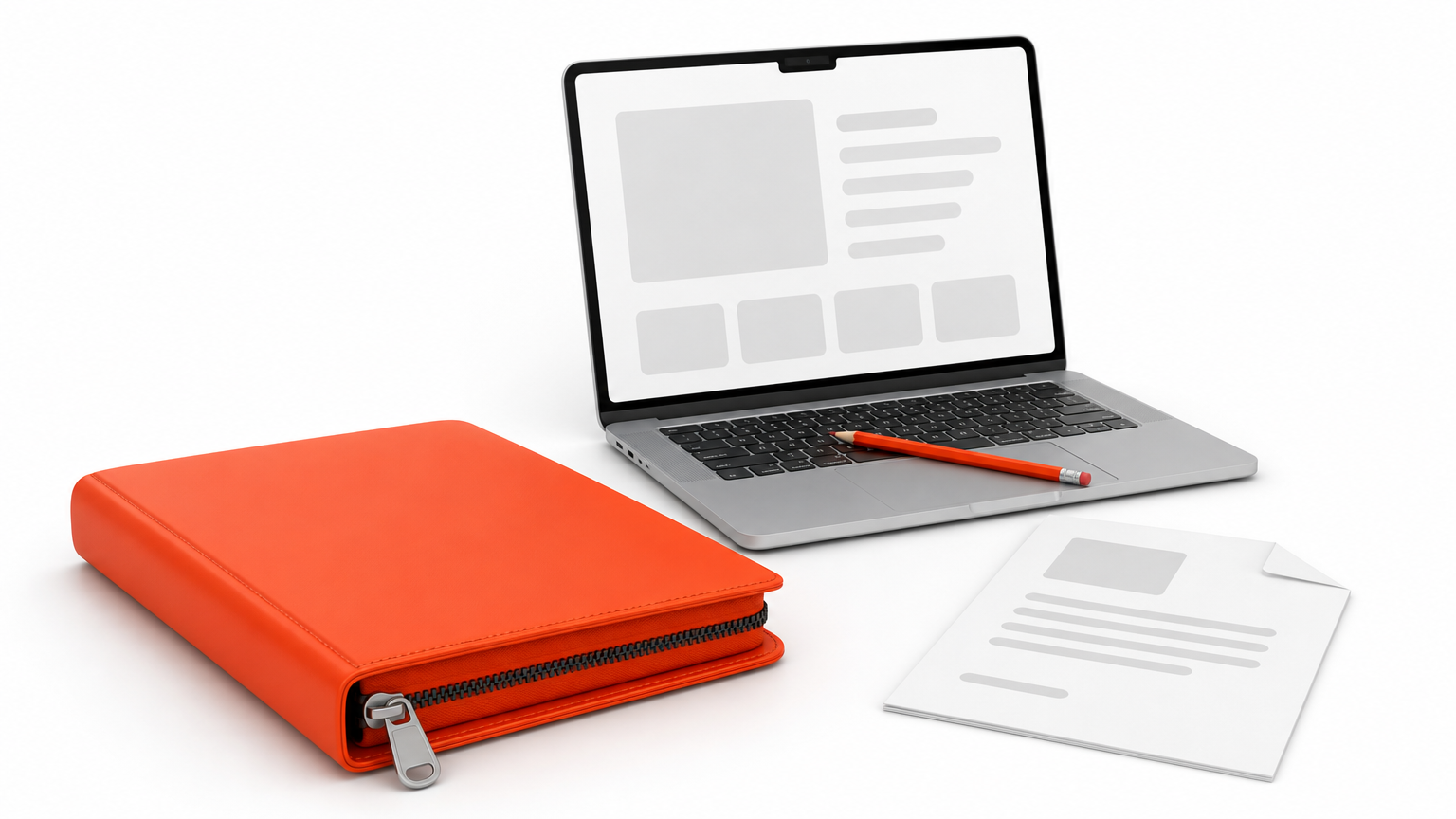 A zipped folder sits on a desk beside a single loose file and an open laptop.