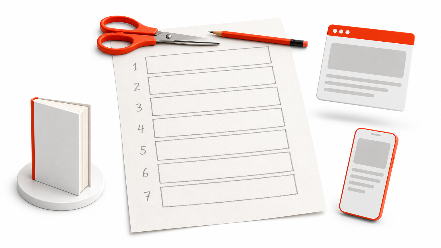 A paper sketch of seven stacked boxes lies beside scissors and a pencil on a desk.