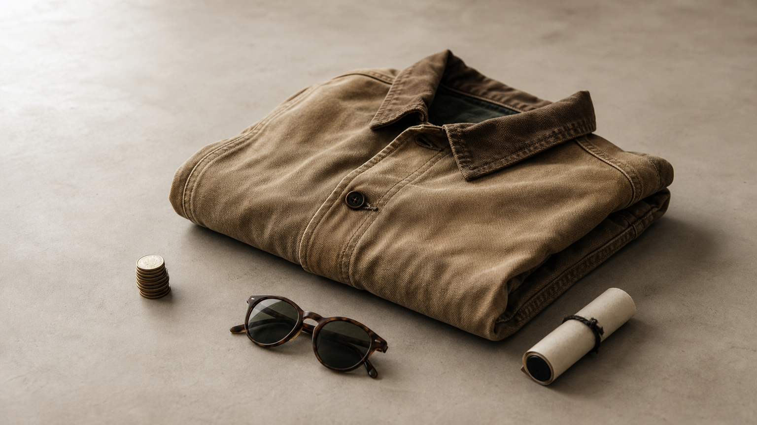 A stack of coins beside a folded jacket, sunglasses and a rolled-up card.