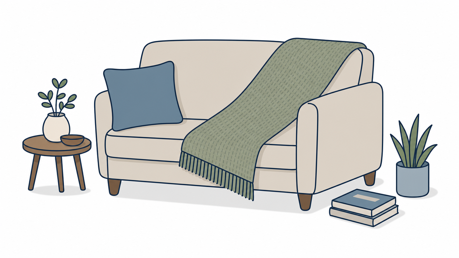 A throw draped diagonally over the back corner of a sofa, with uneven ends falling down the cushion and the arm.