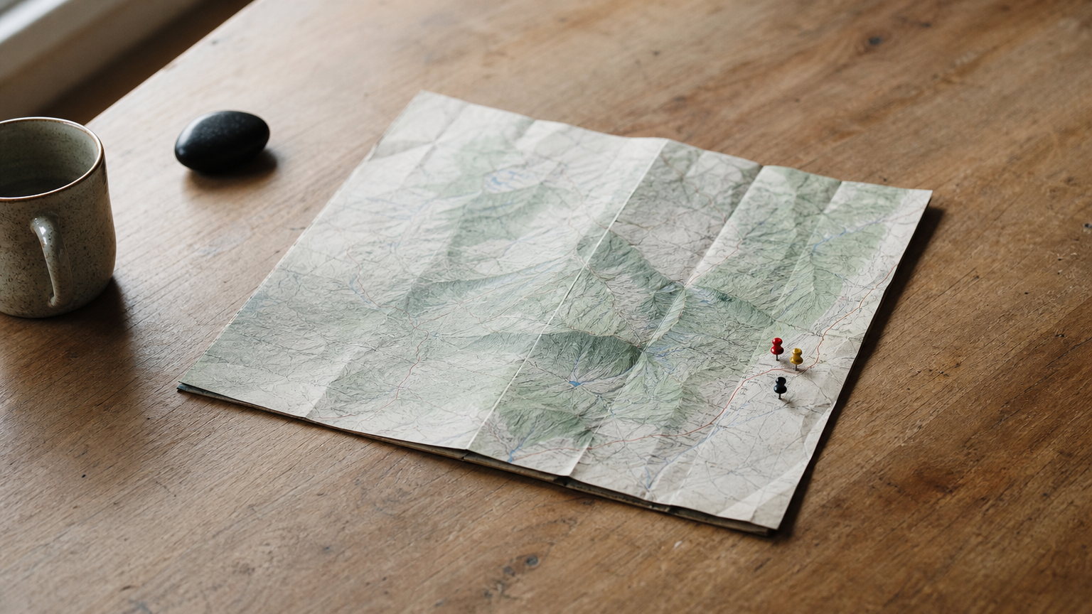 Hwange National Park Lions: Numbers, Threats, Where to See A folded paper map on a wooden table with three pins pushed into it near one edge.