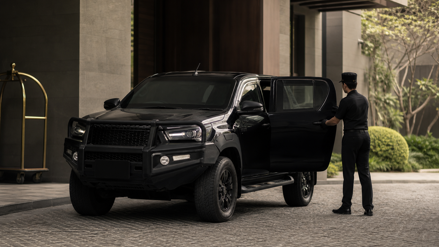 An armored Hilux Revo waits at a hotel entrance while a driver holds the rear door open.