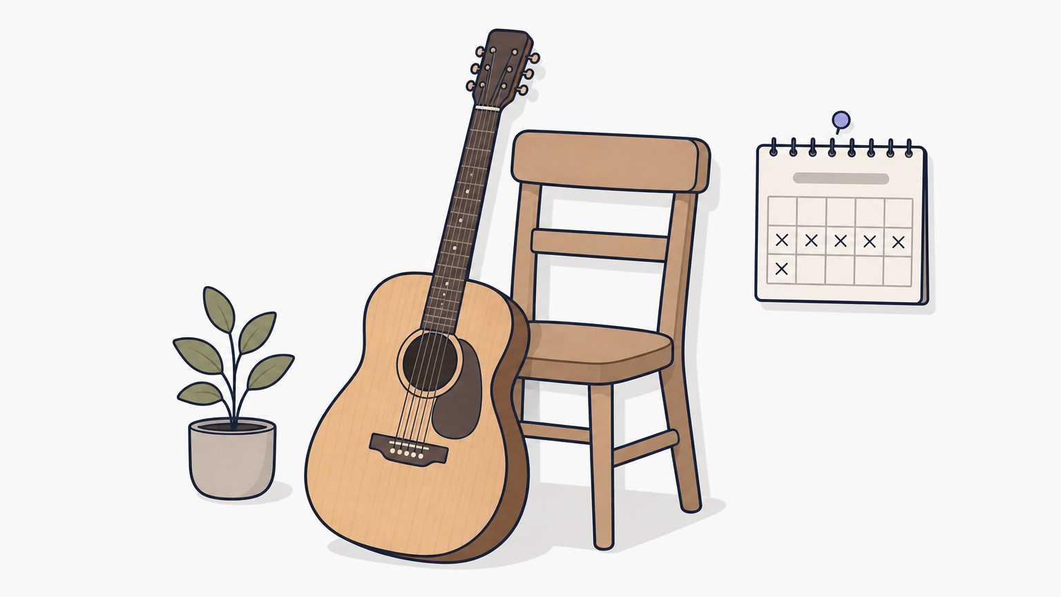 An acoustic guitar leaning against a chair beside a wall calendar with six days marked.
