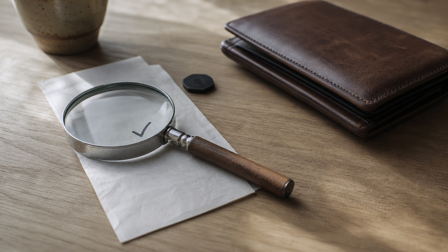 A magnifying glass lying on a receipt next to a closed wallet.