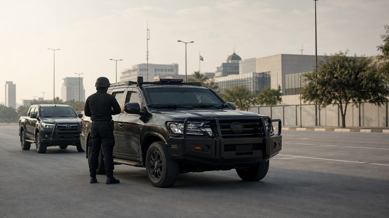 An armored Land Cruiser leads a convoy with an escort vehicle behind it on a city road.
