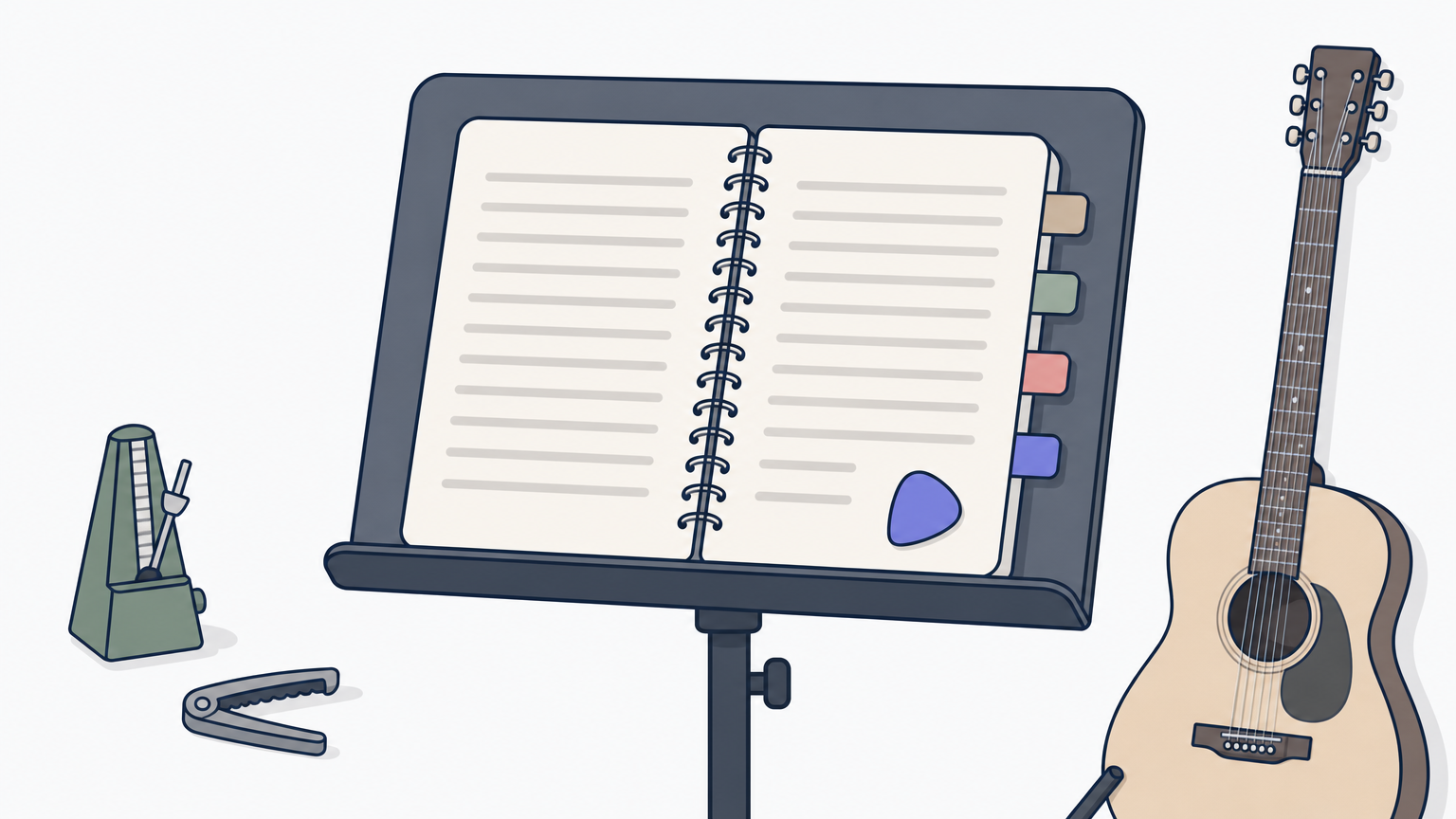 A spiral notebook open on a music stand with a guitar pick resting on the page.