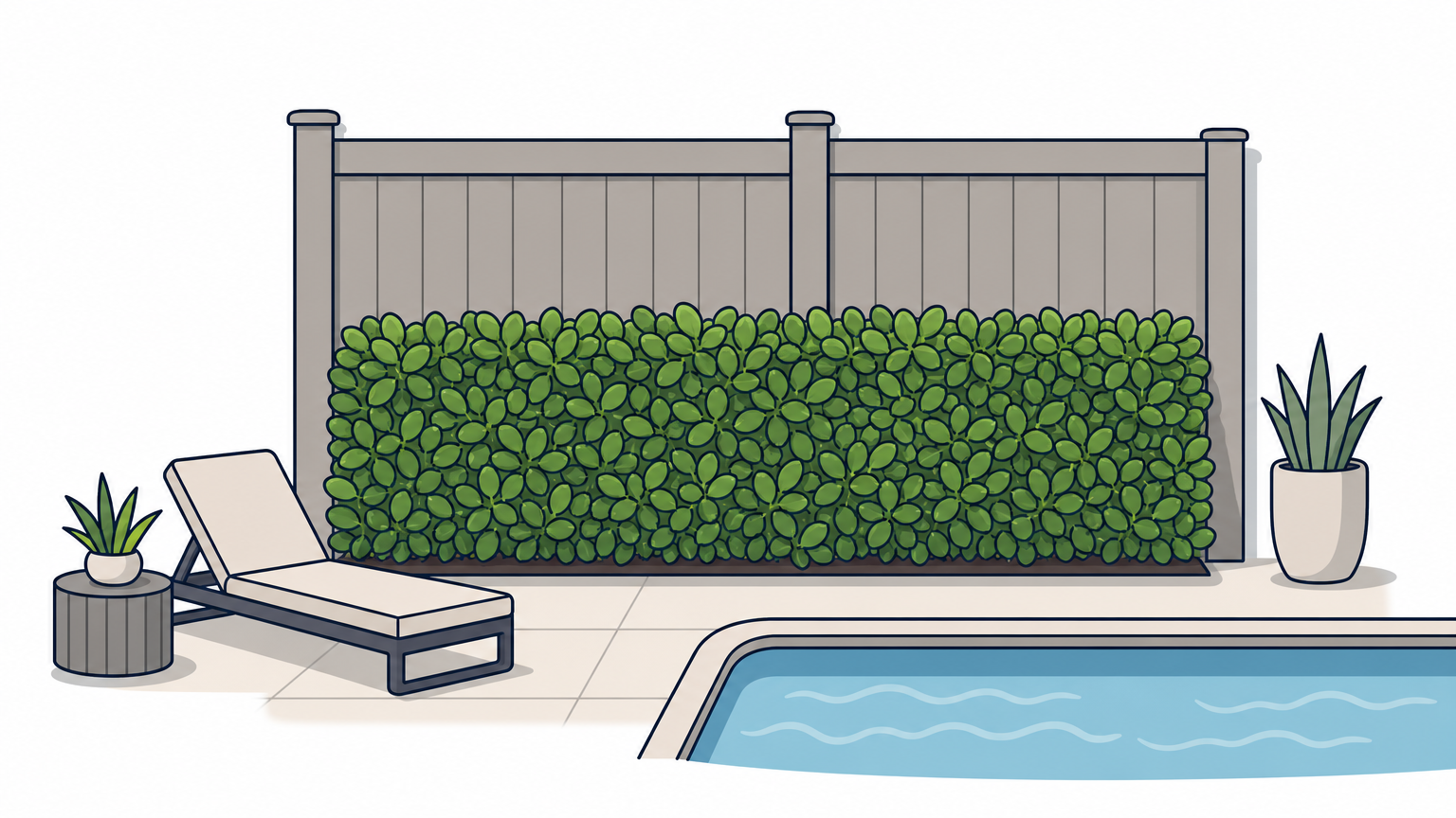 A solid fence with a dense hedge planted in front, screening a pool deck.