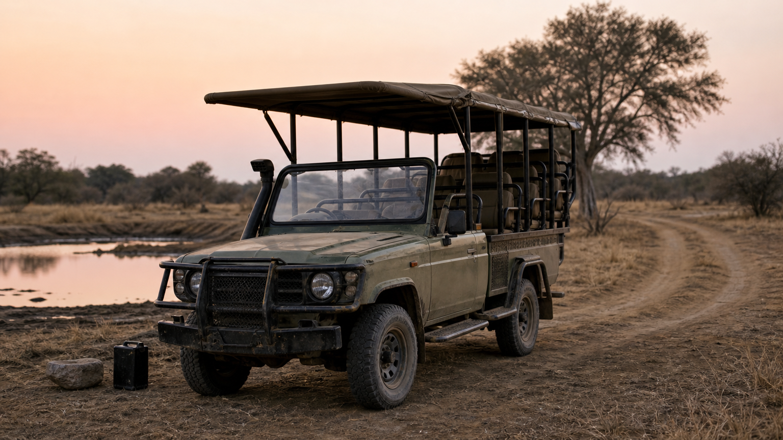 Hwange National Park Lions: Numbers, Threats, Where to See An open safari vehicle parks beside a waterhole at dusk, with dry grass and trees around it.