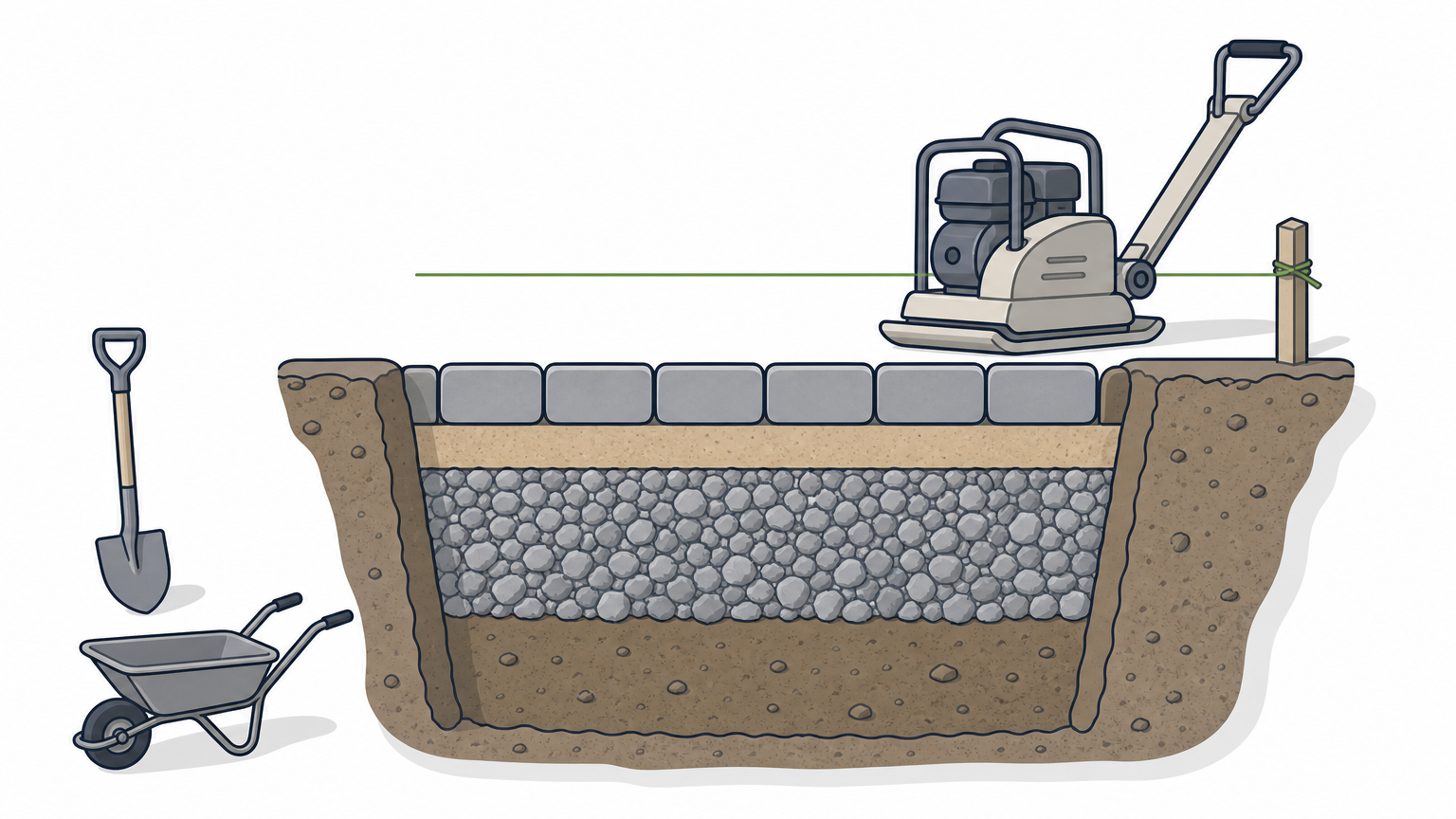 A cutaway view of a driveway trench showing stacked base layers beneath a row of paver edges.