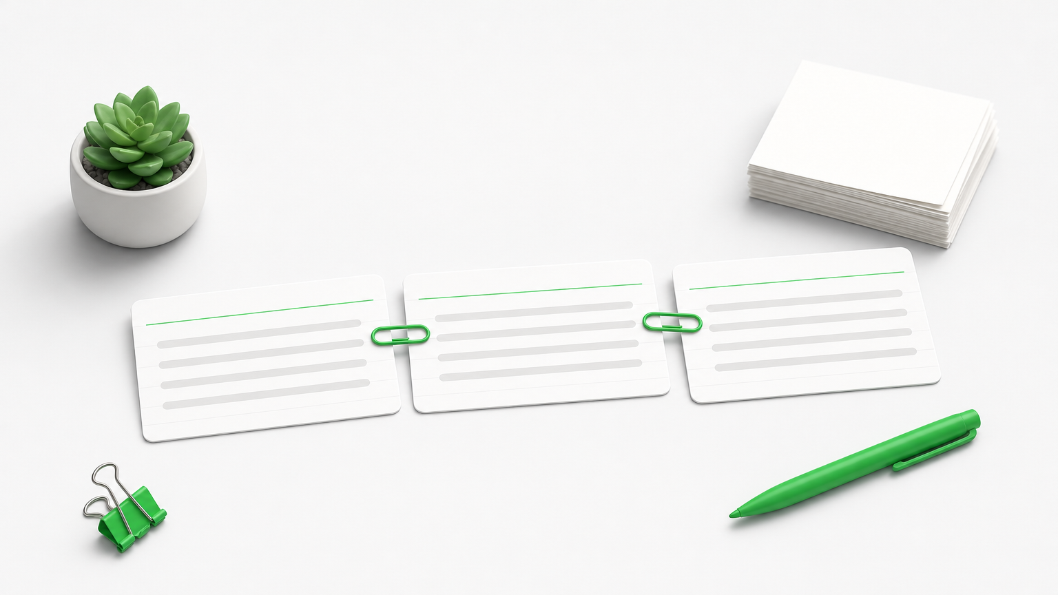 Three index cards in a row, each joined to the next by a paperclip, beside a loose stack of papers.