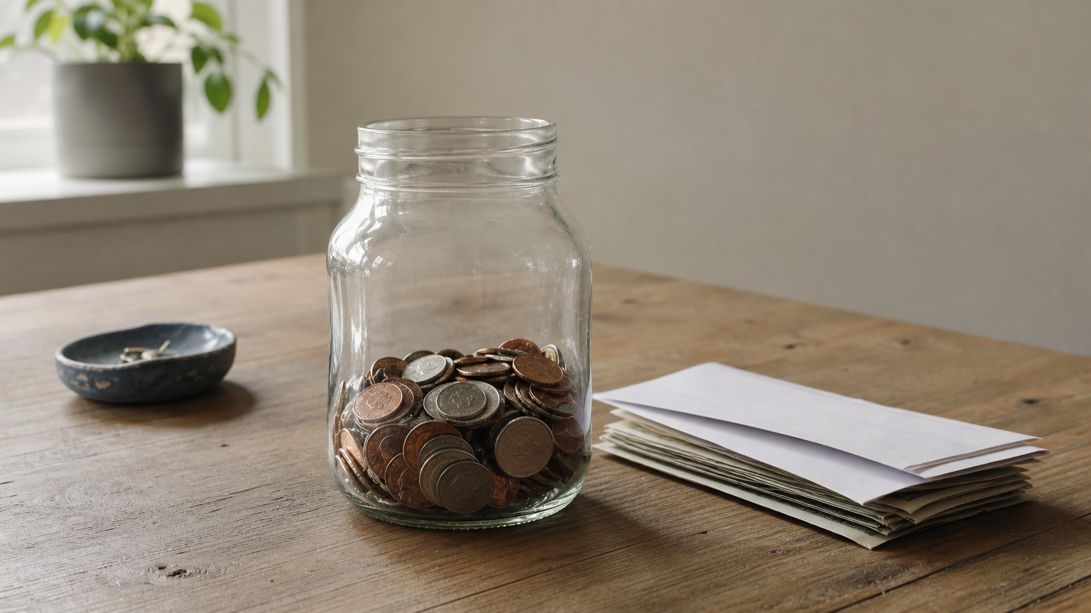 A partly filled coin jar placed next to a stack of unopened bills and envelopes.
