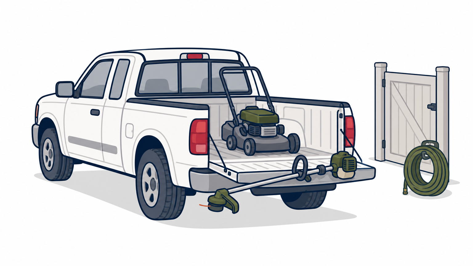 A pickup truck at a driveway carrying a mower and a string trimmer beside a side gate.