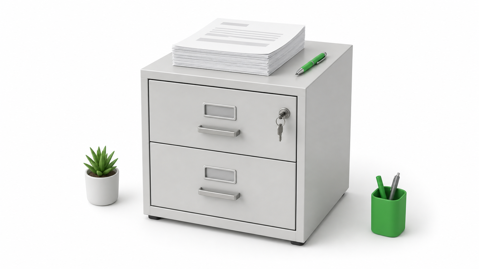 A filing cabinet with a key in its lock and a stack of printed documents resting on top.