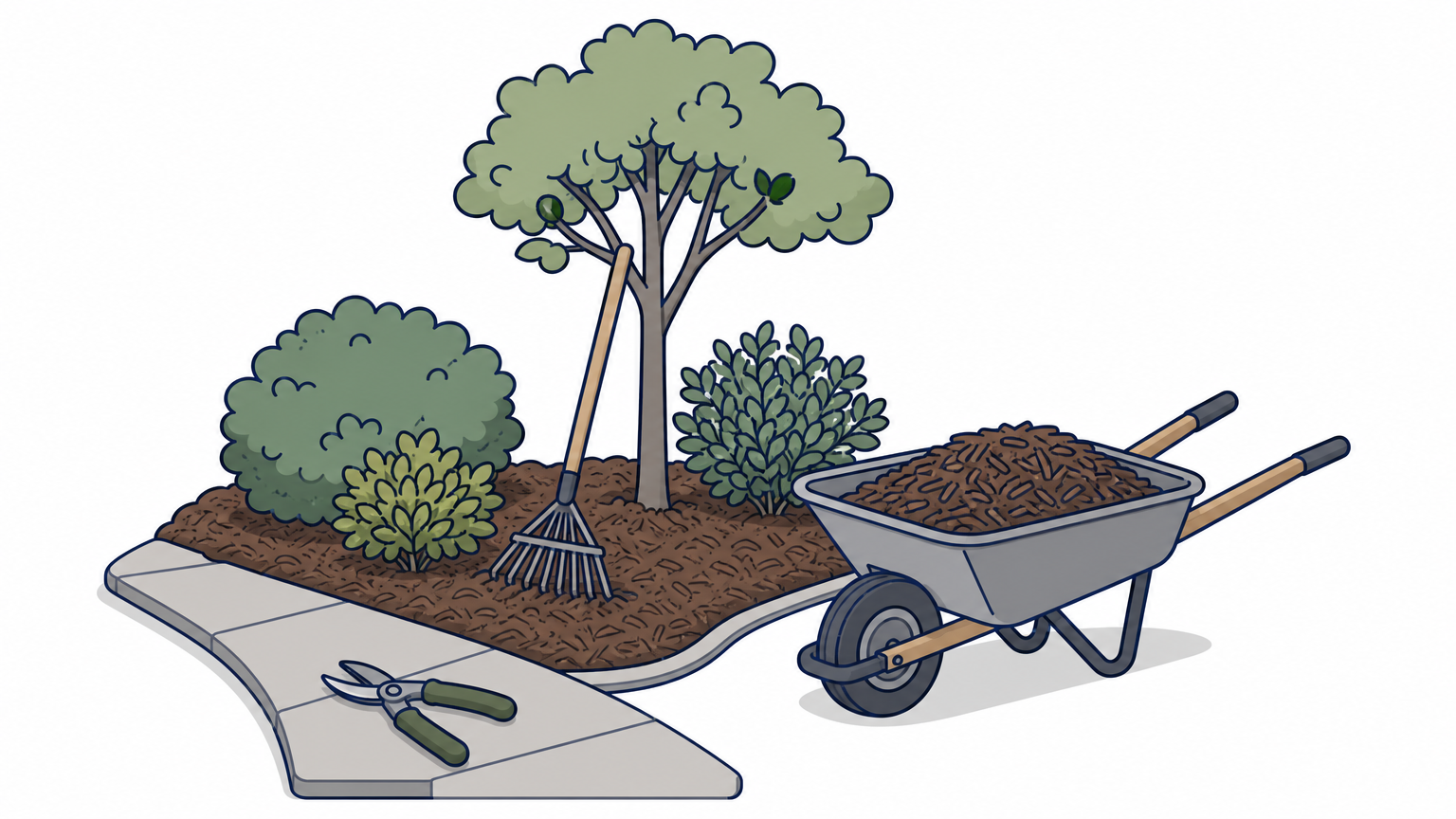 A mulched shrub bed beside a front walk with a wheelbarrow, pruning shears, and a rake.
