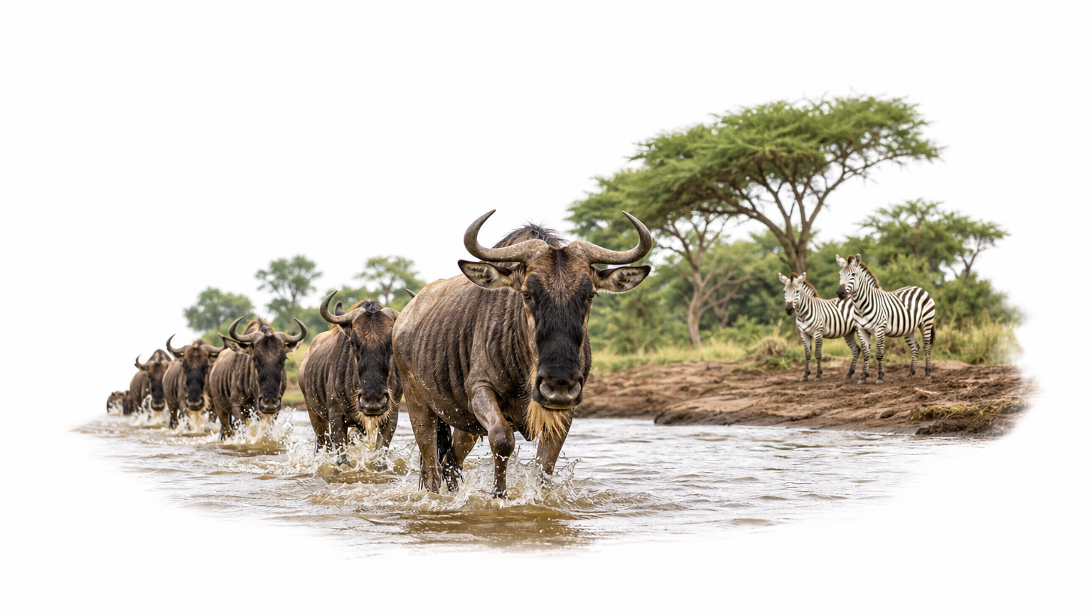 A wildebeest herd wades across a shallow river while zebras wait on the bank.