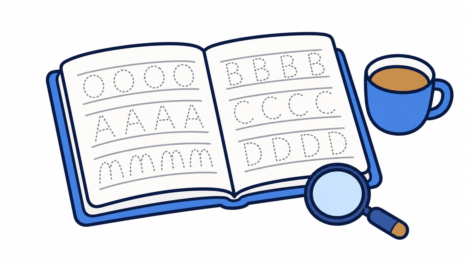 An open workbook page with dotted letter tracing lines, a magnifying glass, and a cup of tea nearby.