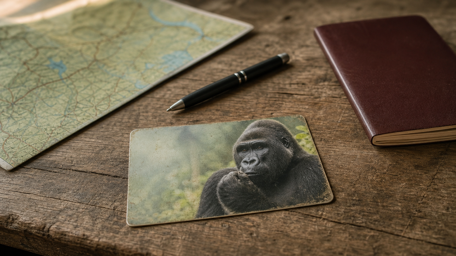 A permit card, passport, pen, and folded map lie together on a wooden table.