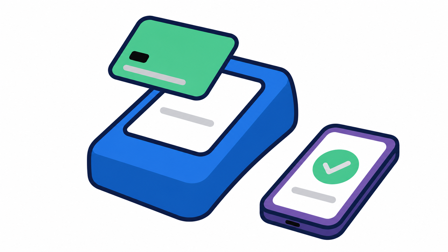 A payment terminal on a shop counter with a card held above it and a phone beside it.