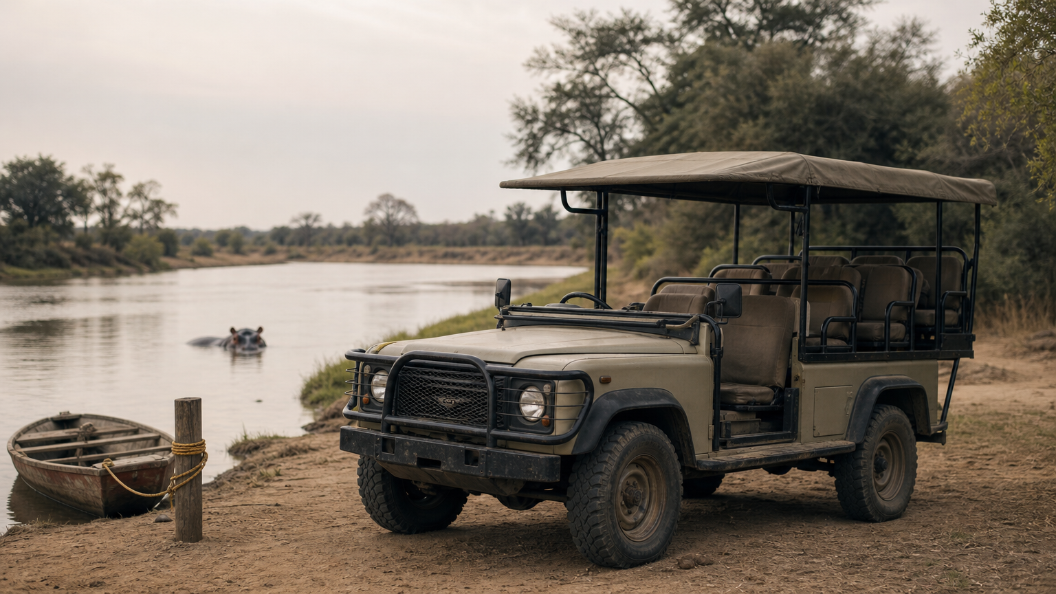 An open safari vehicle stands on a riverbank beside a moored boat and a hippo in the water.