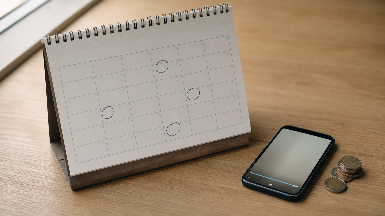 A wall calendar with four circled days beside a smartphone showing a video timeline.