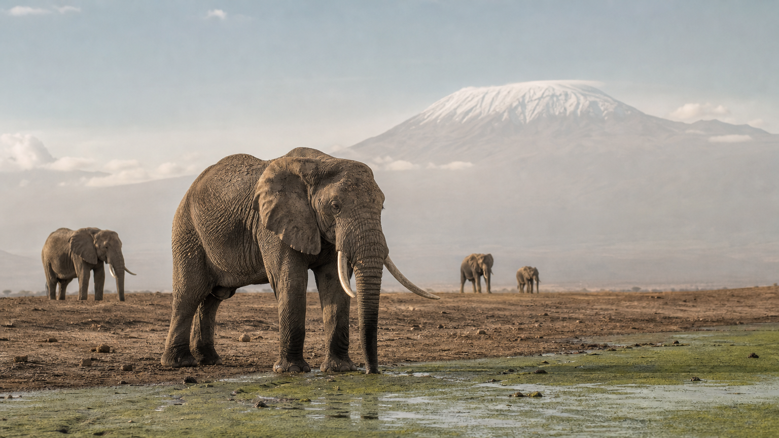 A herd of elephants gathers at a green swamp on a dry plain, with Mount Kilimanjaro rising behind them.