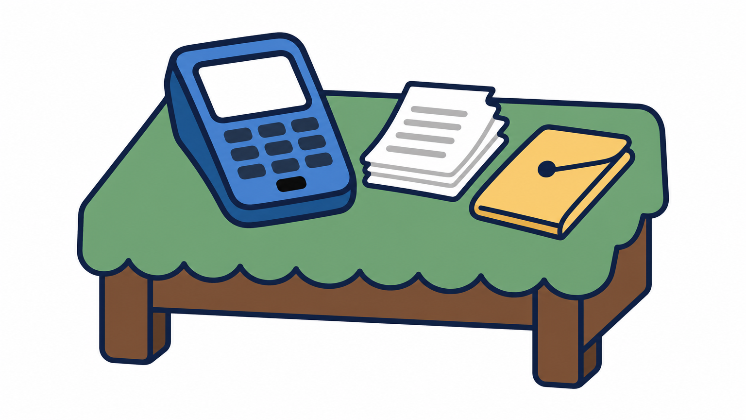 A handheld card reader on a market stall table beside receipts and a cash envelope.
