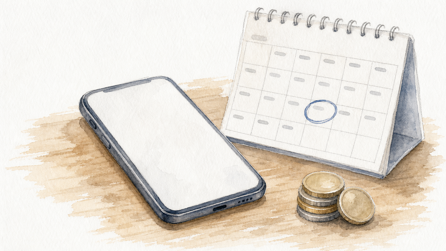 A smartphone beside a circled monthly calendar and a small stack of coins on a desk.