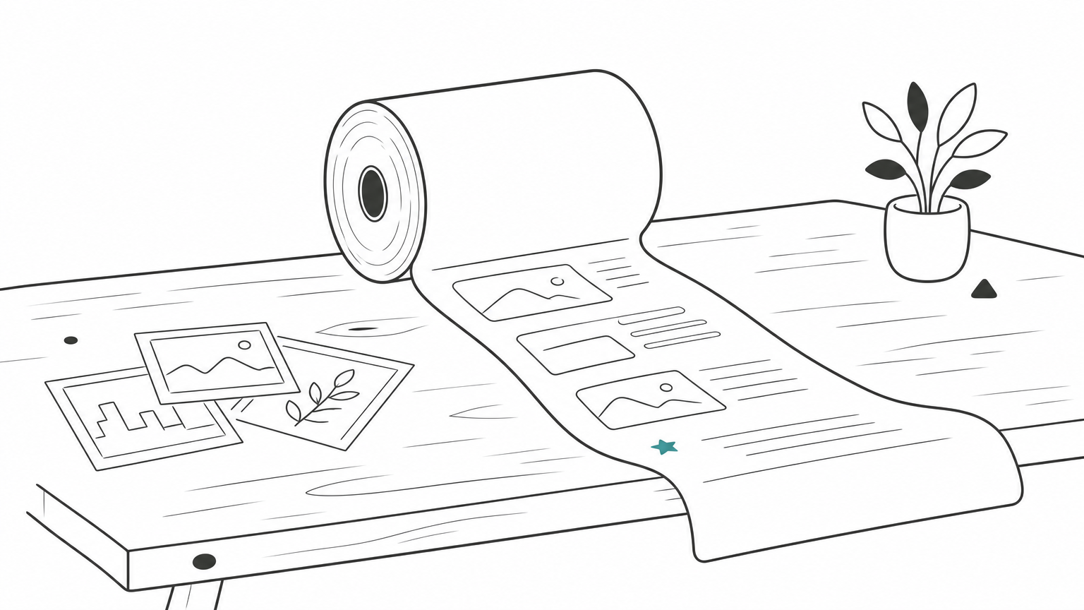 A long paper roll unspools across a table beside a few loose printed photographs.