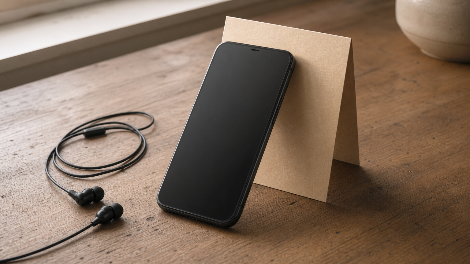 A smartphone resting beside a folded paper voucher card on a wooden desk.