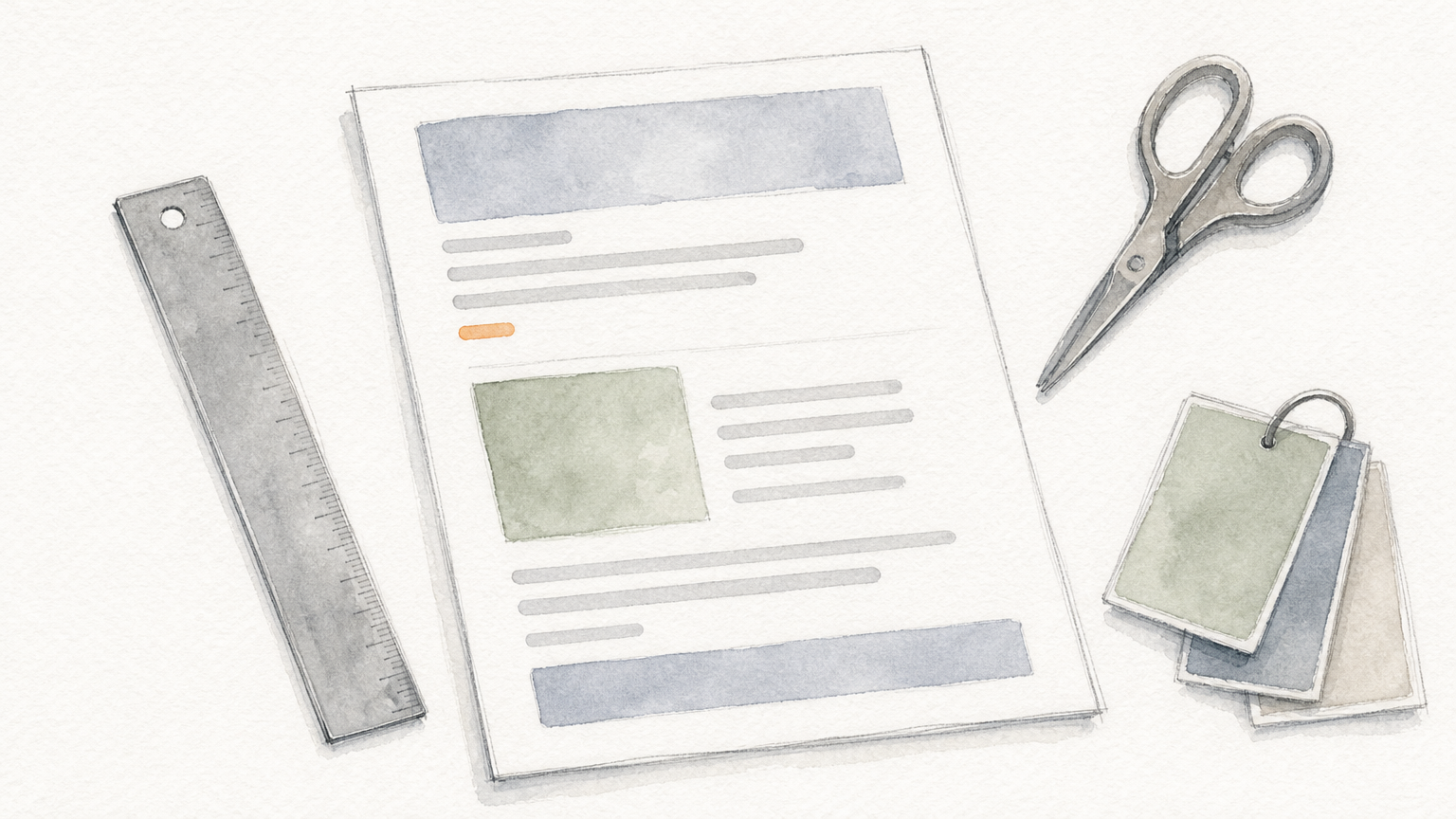 A printed email layout lies on a drafting table beside a ruler, scissors and a stack of paper swatch cards.