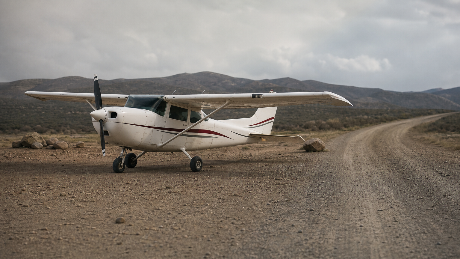 A small light aircraft stands on a dirt airstrip beside a dusty road leading toward the mountain.