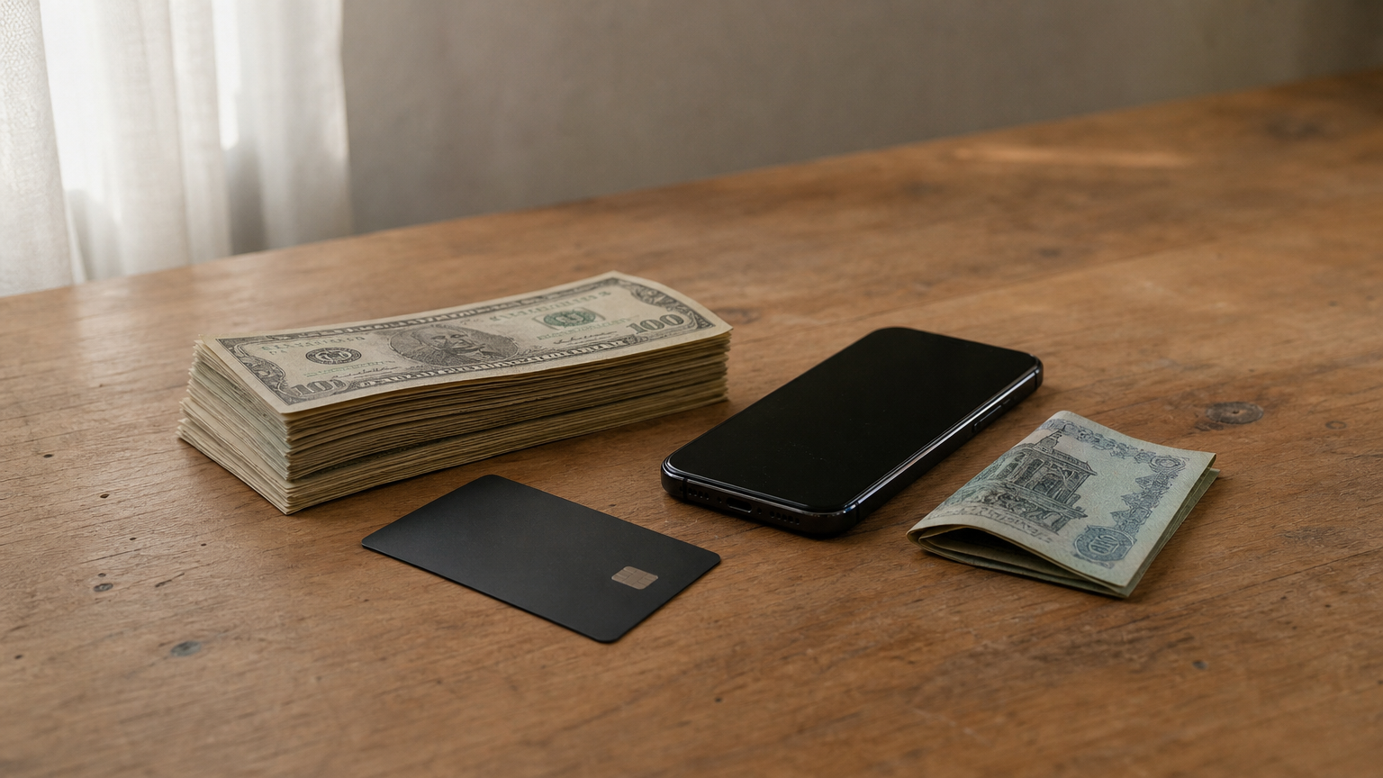 Dollar banknotes, a payment card and a smartphone sit beside a folded taka note on a wooden table.