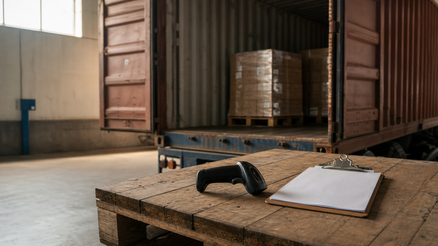 A shipping container at a loading dock with a barcode scanner on a pallet and a signed delivery form on a clipboard.