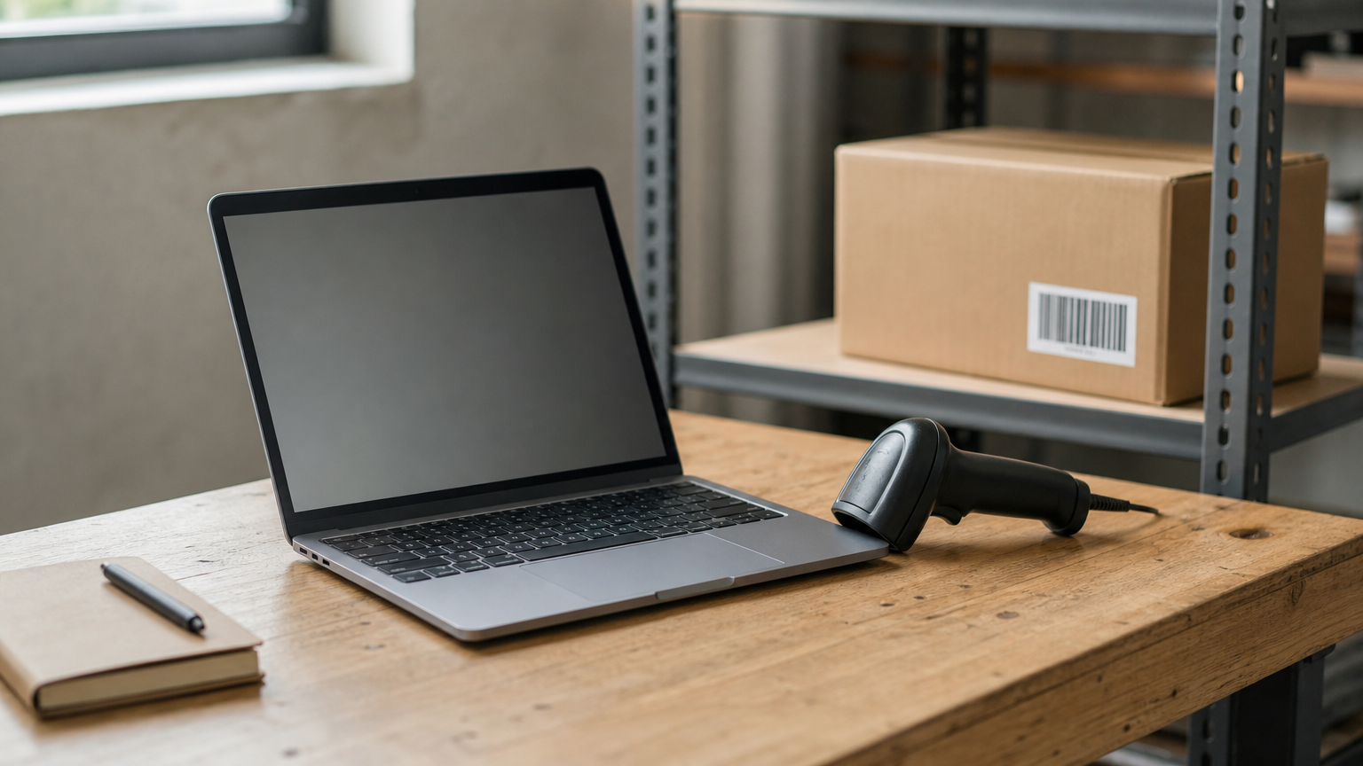 Laptop og strekkodeskanner på et arbeidsbord, med en kartong med strekkode på en hylle bak.