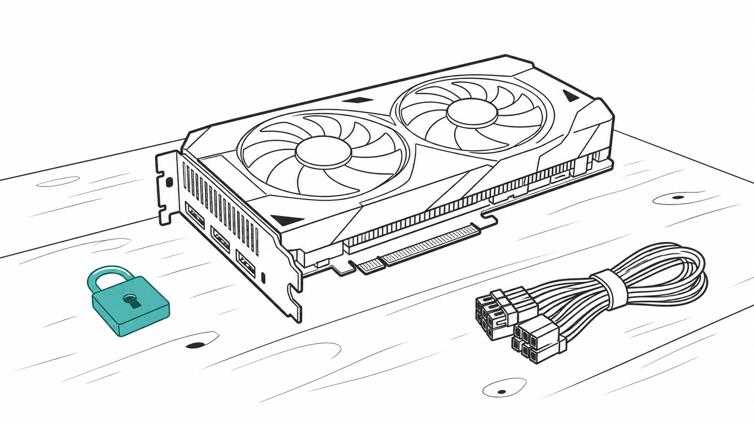 A single graphics card sits on a workbench next to a closed padlock and folded cables.