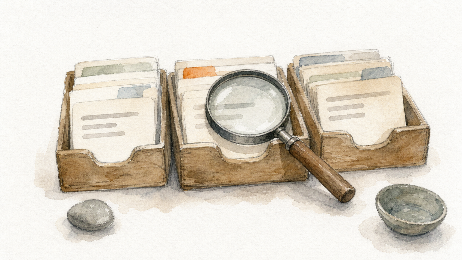 Three shallow wooden trays hold small index cards, with a magnifying glass resting across the middle one.